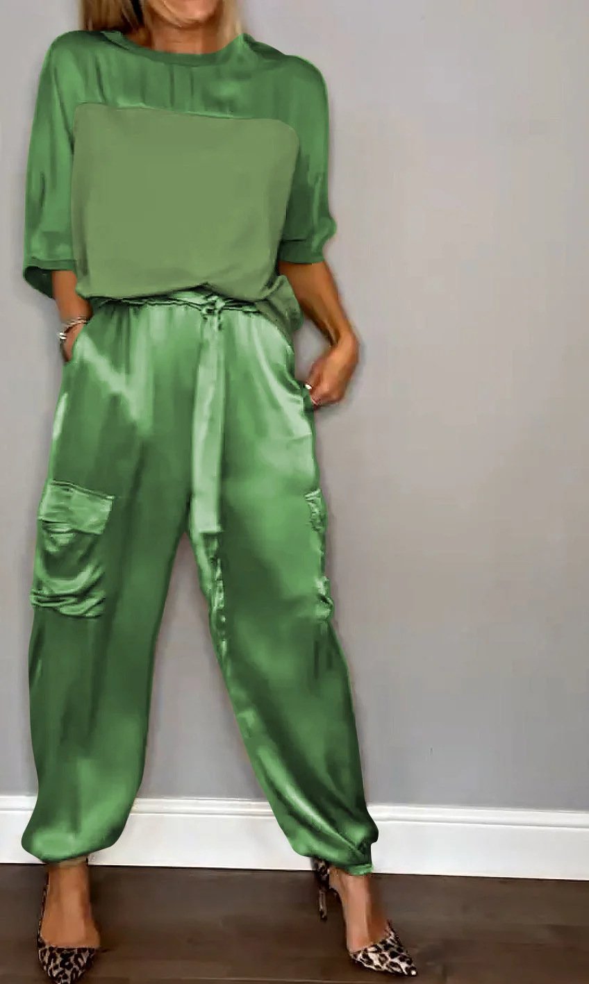 👗Smooth Satin Half-sleeved Top and Pants Set💝