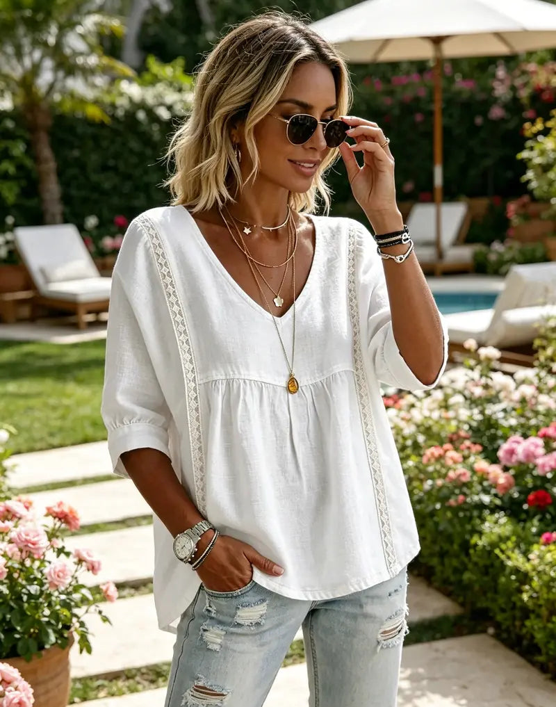 LaceVera – Women’s Chic Loose-Fit V-Neck Lace Blouse