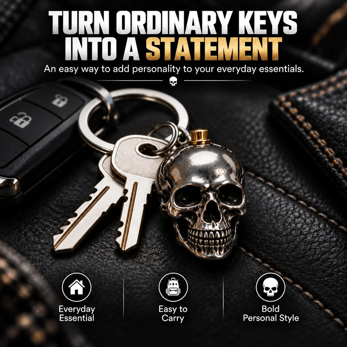 RavenSkull – Polished Metal Skull Keychain