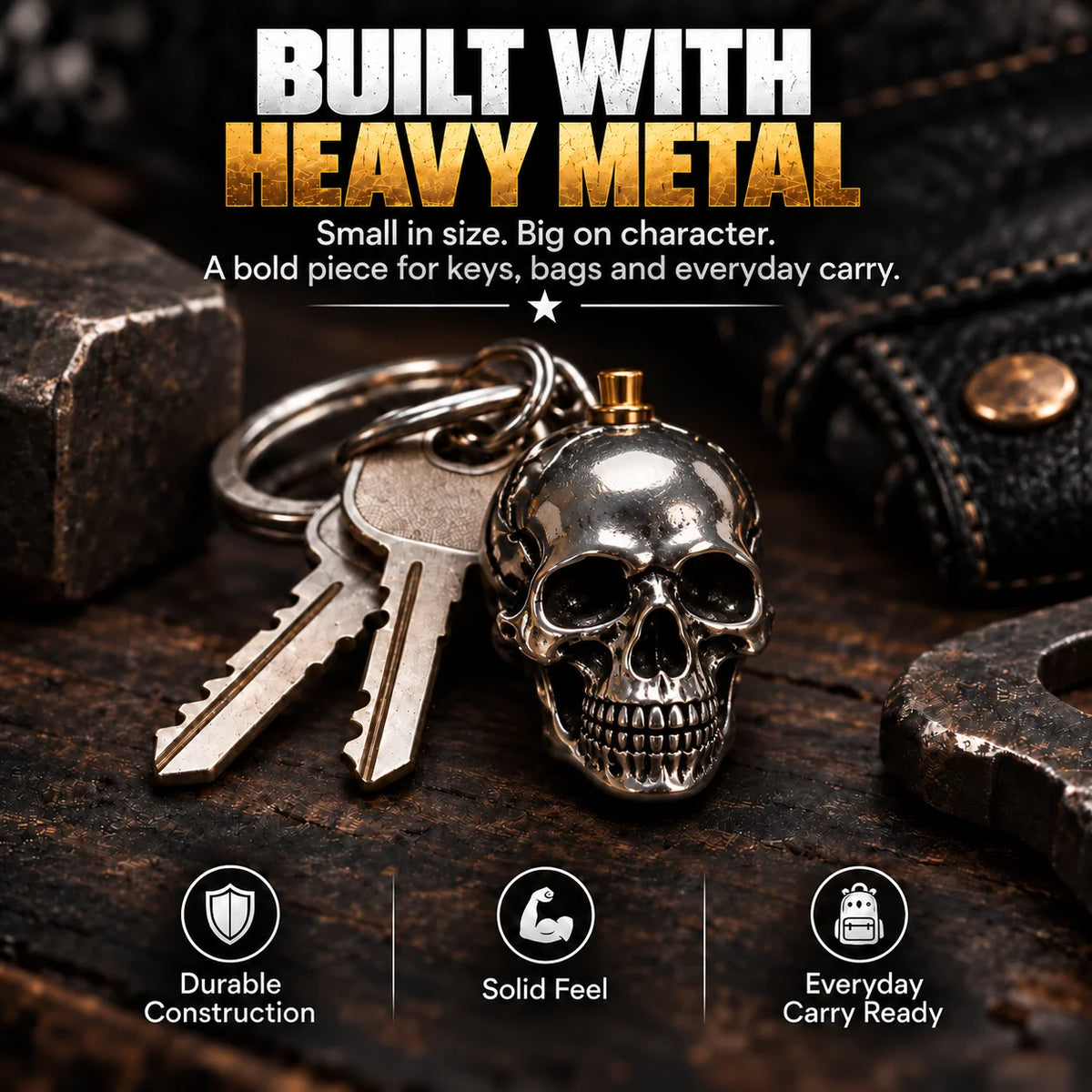 RavenSkull – Polished Metal Skull Keychain