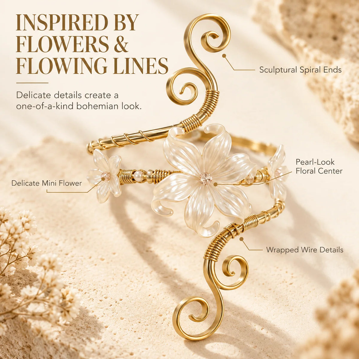 PetalOra – Boho Pearl Flower Upper Arm Cuff