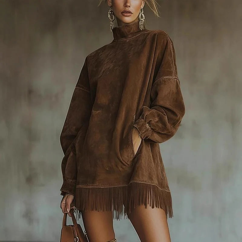 CanyonBelle – Women's Oversized Fringe Sweatshirt Dress