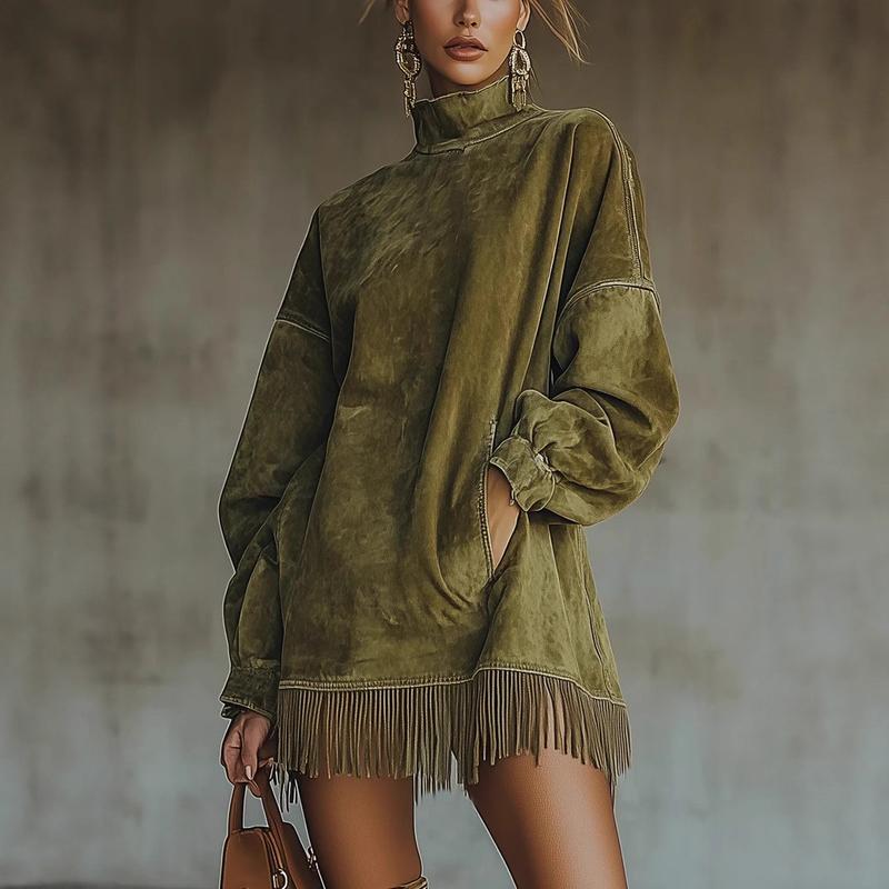 CanyonBelle – Women's Oversized Fringe Sweatshirt Dress