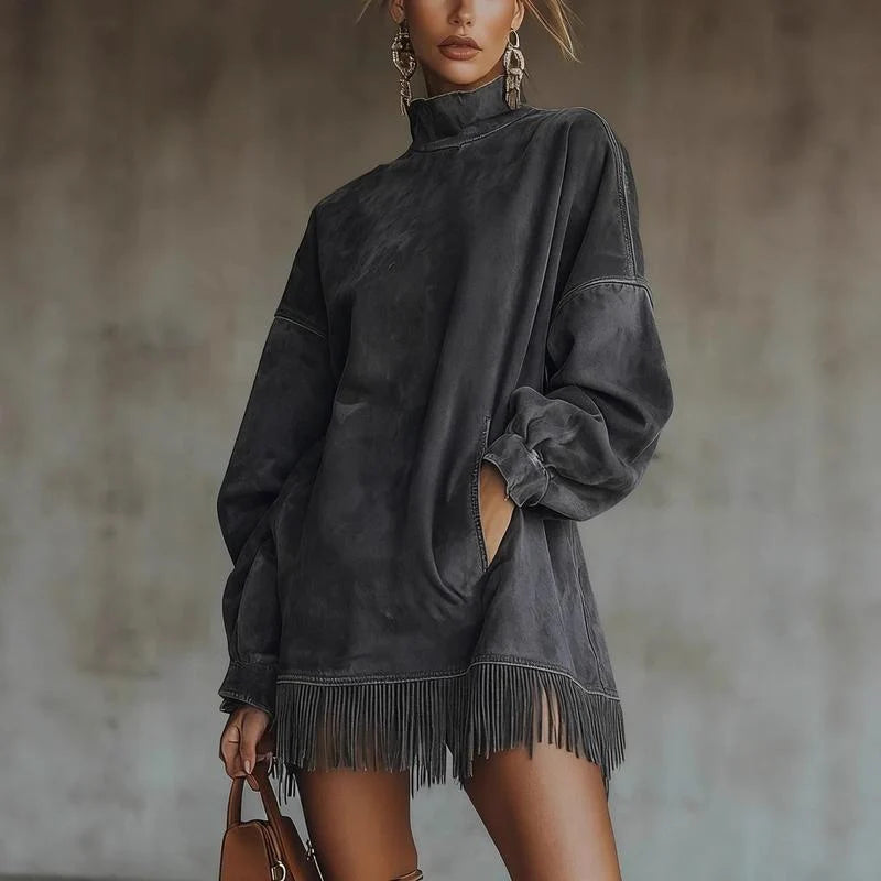 CanyonBelle – Women's Oversized Fringe Sweatshirt Dress