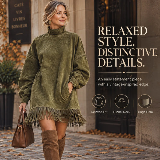 CanyonBelle – Women's Oversized Fringe Sweatshirt Dress