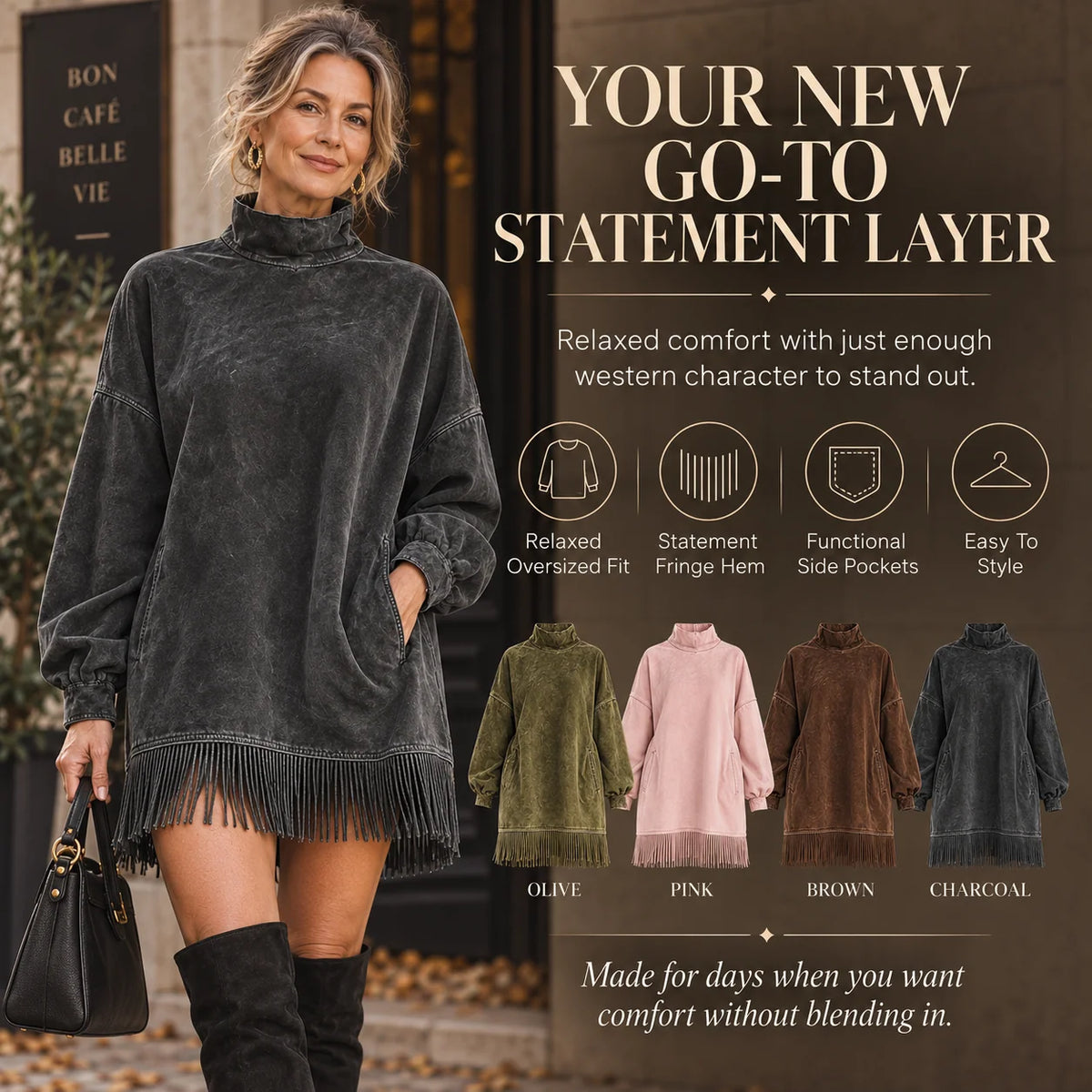 CanyonBelle – Women's Oversized Fringe Sweatshirt Dress