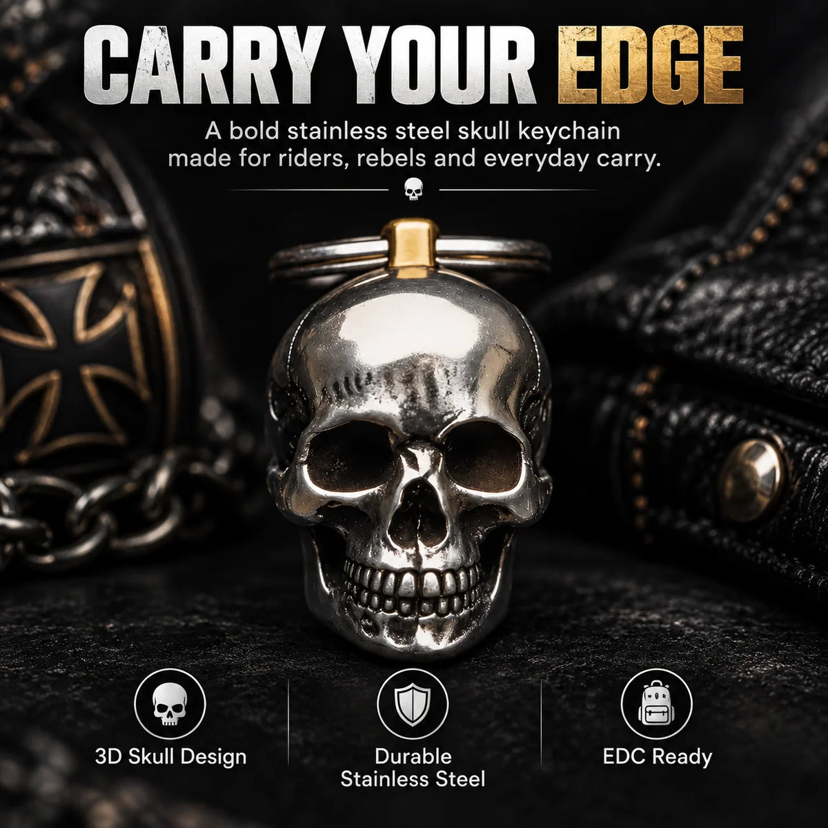 RavenSkull – Polished Metal Skull Keychain