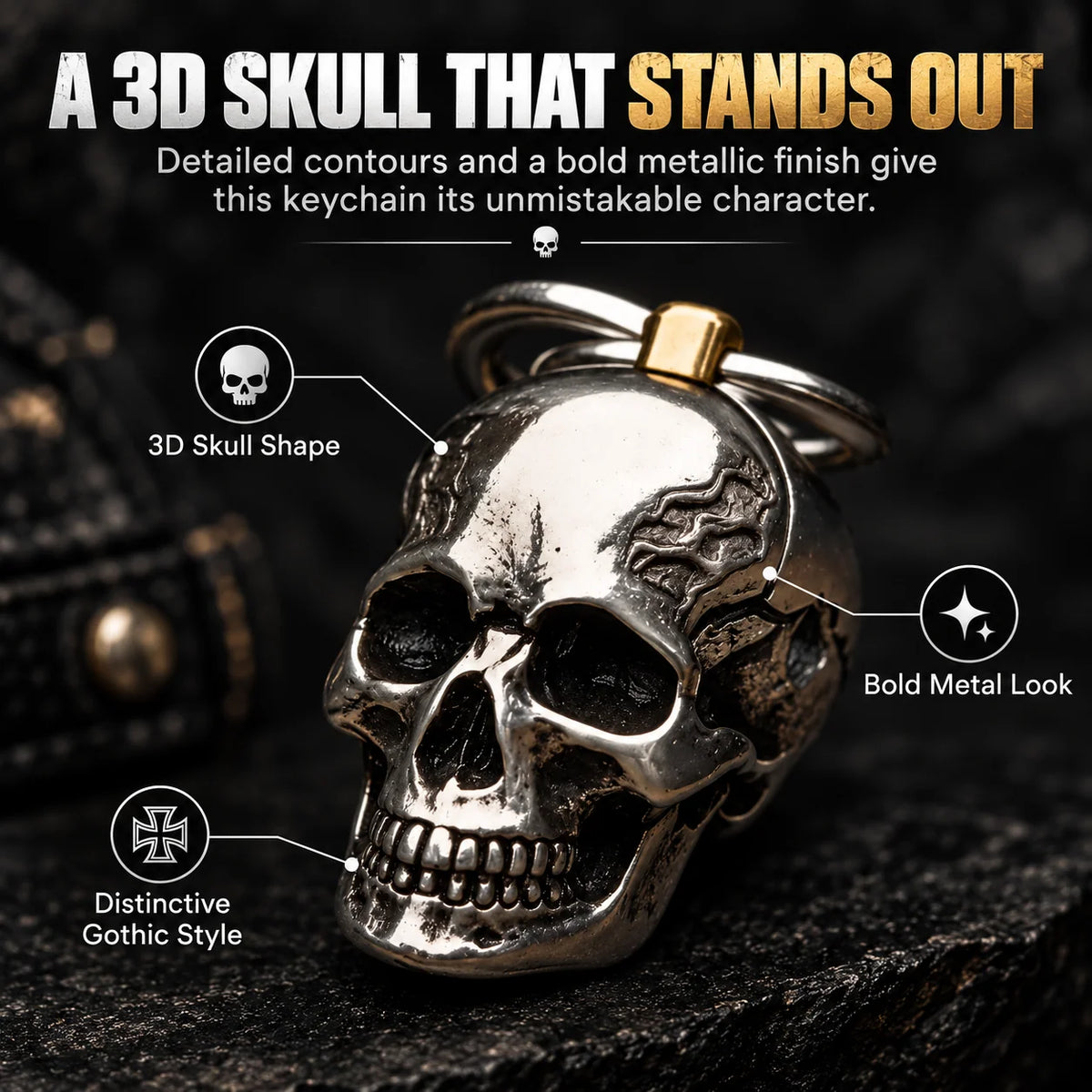 RavenSkull – Polished Metal Skull Keychain