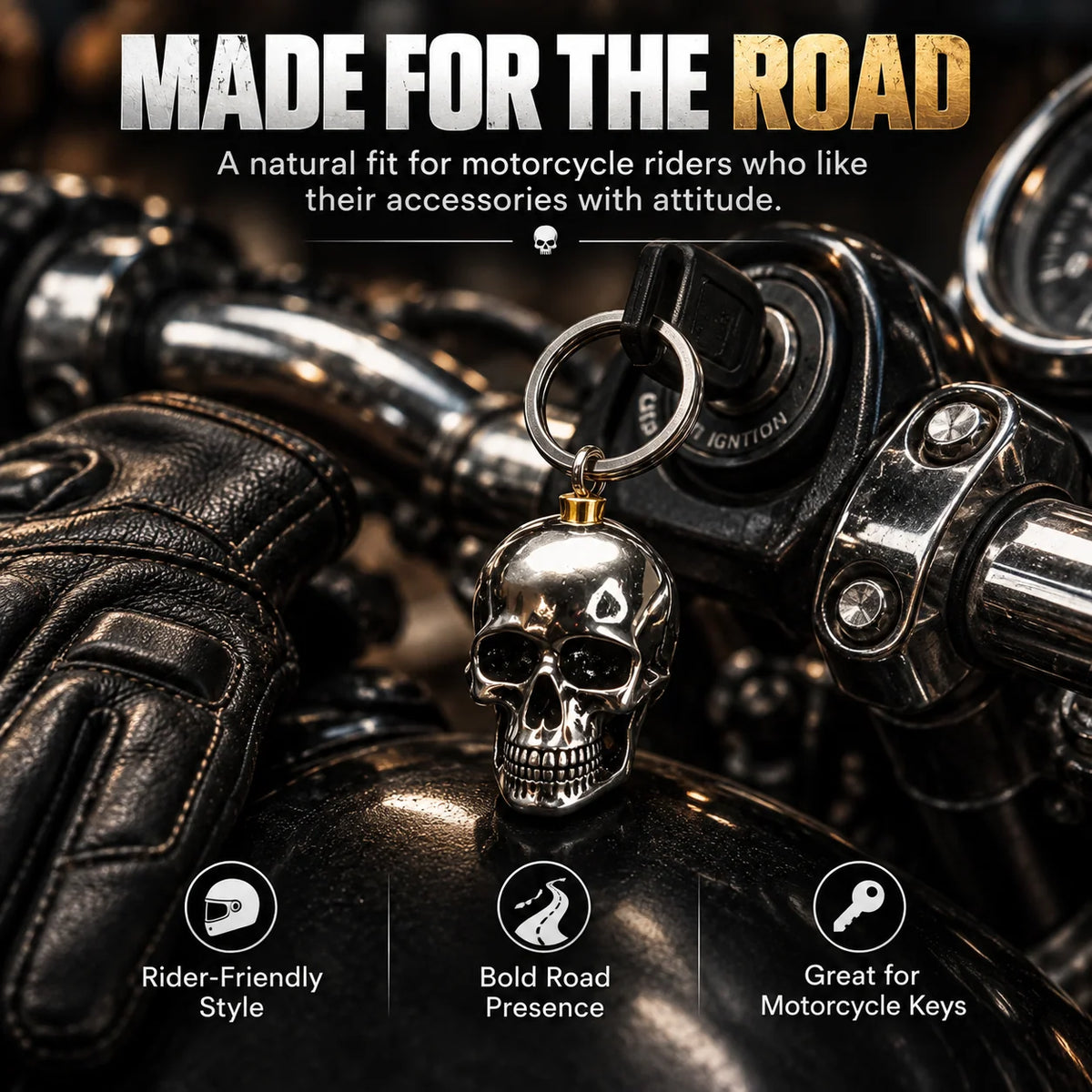 RavenSkull – Polished Metal Skull Keychain