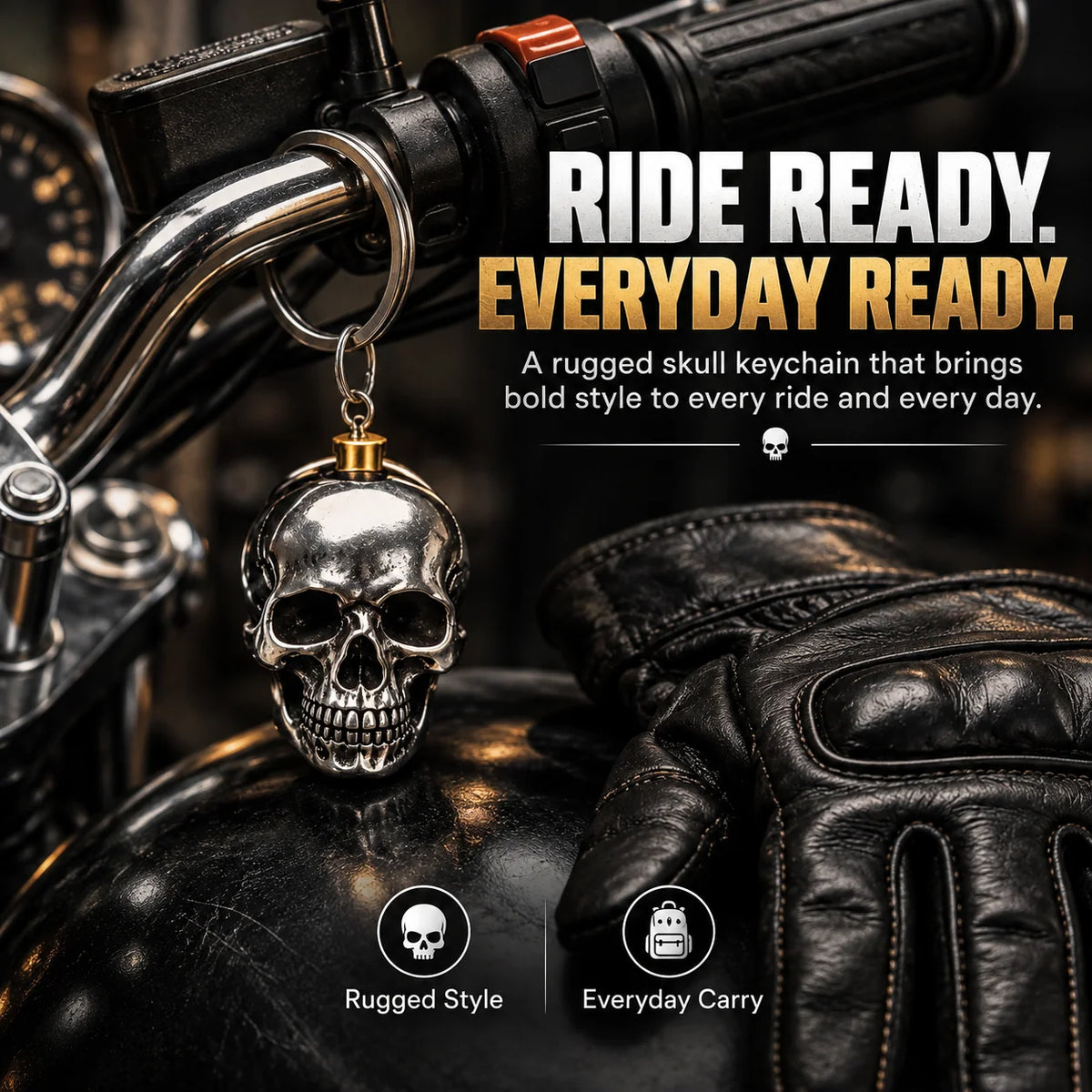 RavenSkull – Polished Metal Skull Keychain