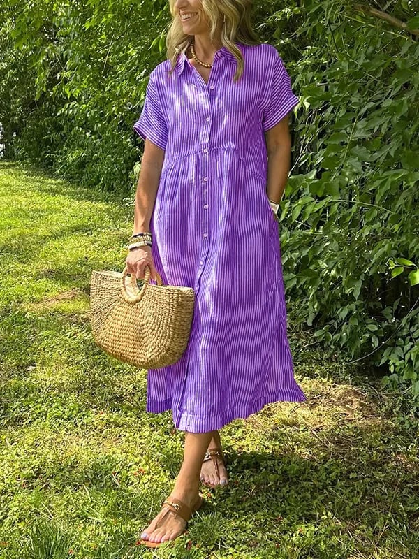 VeloraGrace – Striped Lapel Button-Down Maxi Dress