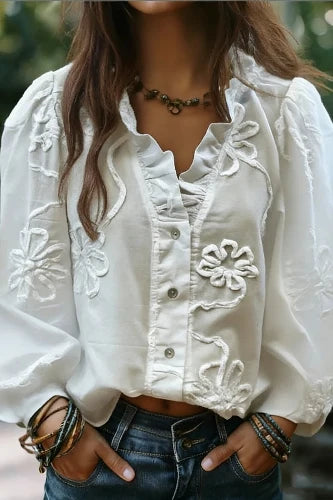 PetalCharm – Elegant Floral Embroidered Puff Sleeve Top