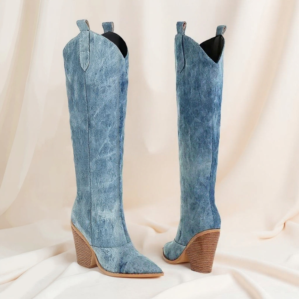 DenimOra – Luxe Denim Knee-High Wedge Boots