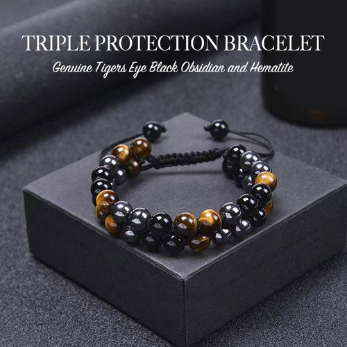 Triple Protection Bracelet-Natural Tigers Eye Black Agate And Hematite - Adjustable, with jewelry box, 1 year warranty