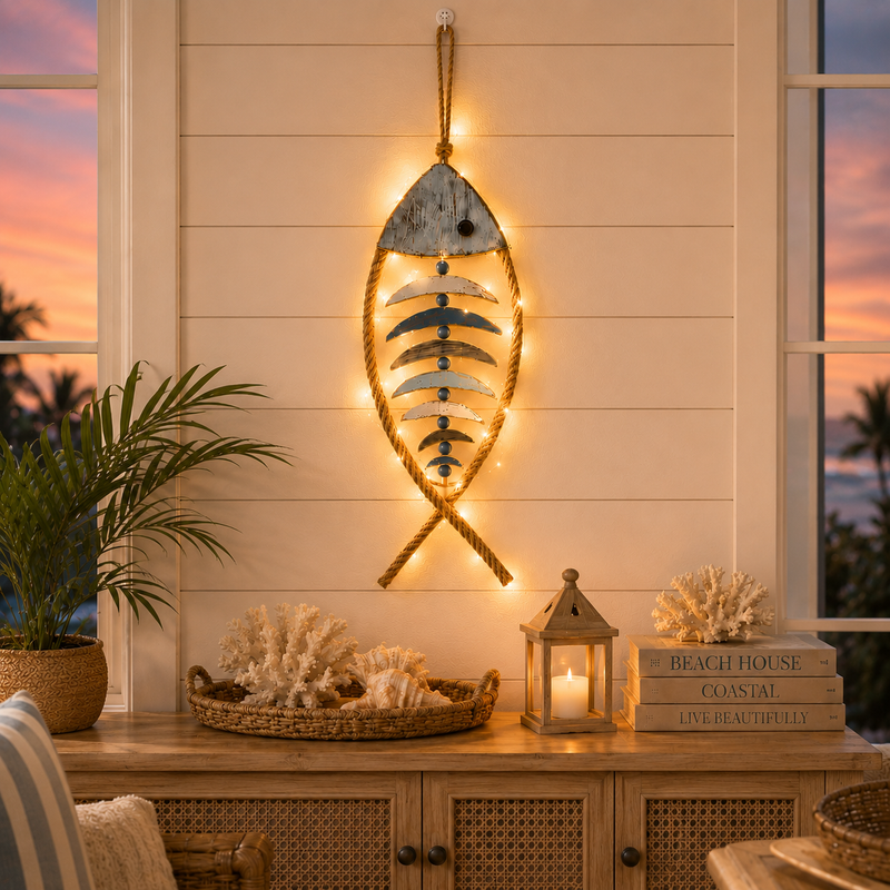 HarborCharm  – Illuminated Driftwood Fish Wall Art