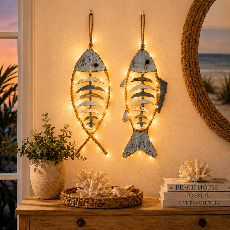 HarborCharm  – Illuminated Driftwood Fish Wall Art