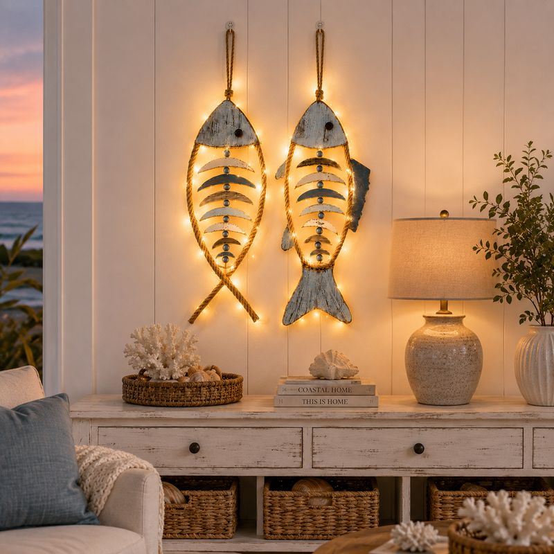 HarborCharm  – Illuminated Driftwood Fish Wall Art