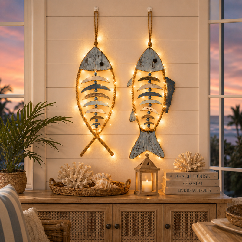 HarborCharm  – Illuminated Driftwood Fish Wall Art