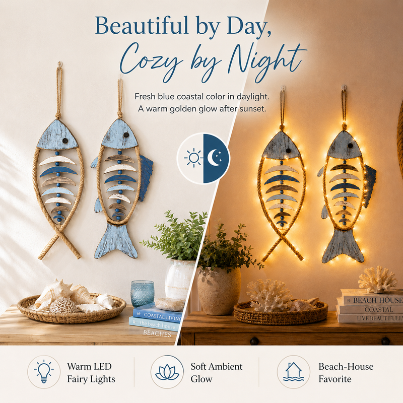 HarborCharm  – Illuminated Driftwood Fish Wall Art