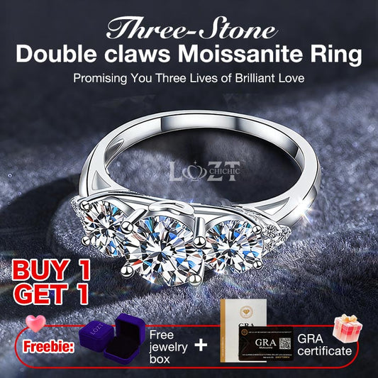Mothers Day Promotion - Three-Stone Double claws Moissanite Ring - One-Year Warranty - Comes with a Free Jewelry Box