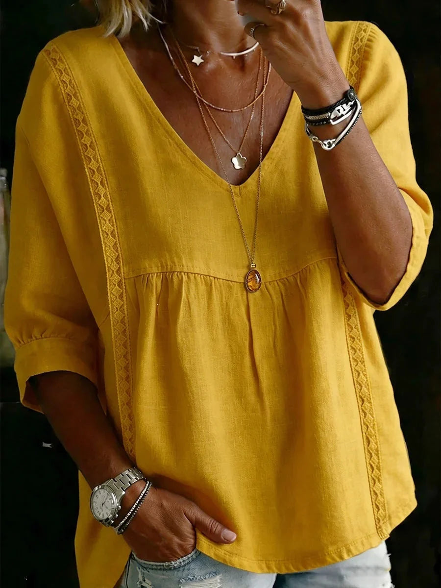 LaceVera – Women’s Chic Loose-Fit V-Neck Lace Blouse
