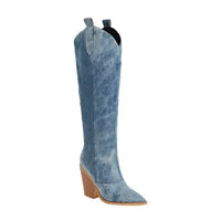 DenimOra – Luxe Denim Knee-High Wedge Boots