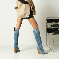 DenimOra – Luxe Denim Knee-High Wedge Boots