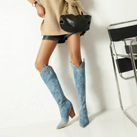 DenimOra – Luxe Denim Knee-High Wedge Boots
