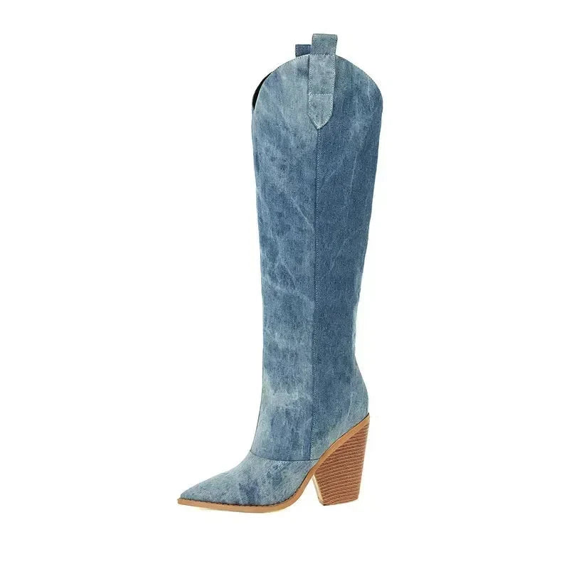 DenimOra – Luxe Denim Knee-High Wedge Boots