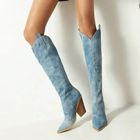 DenimOra – Luxe Denim Knee-High Wedge Boots