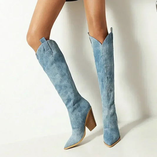 DenimOra – Luxe Denim Knee-High Wedge Boots