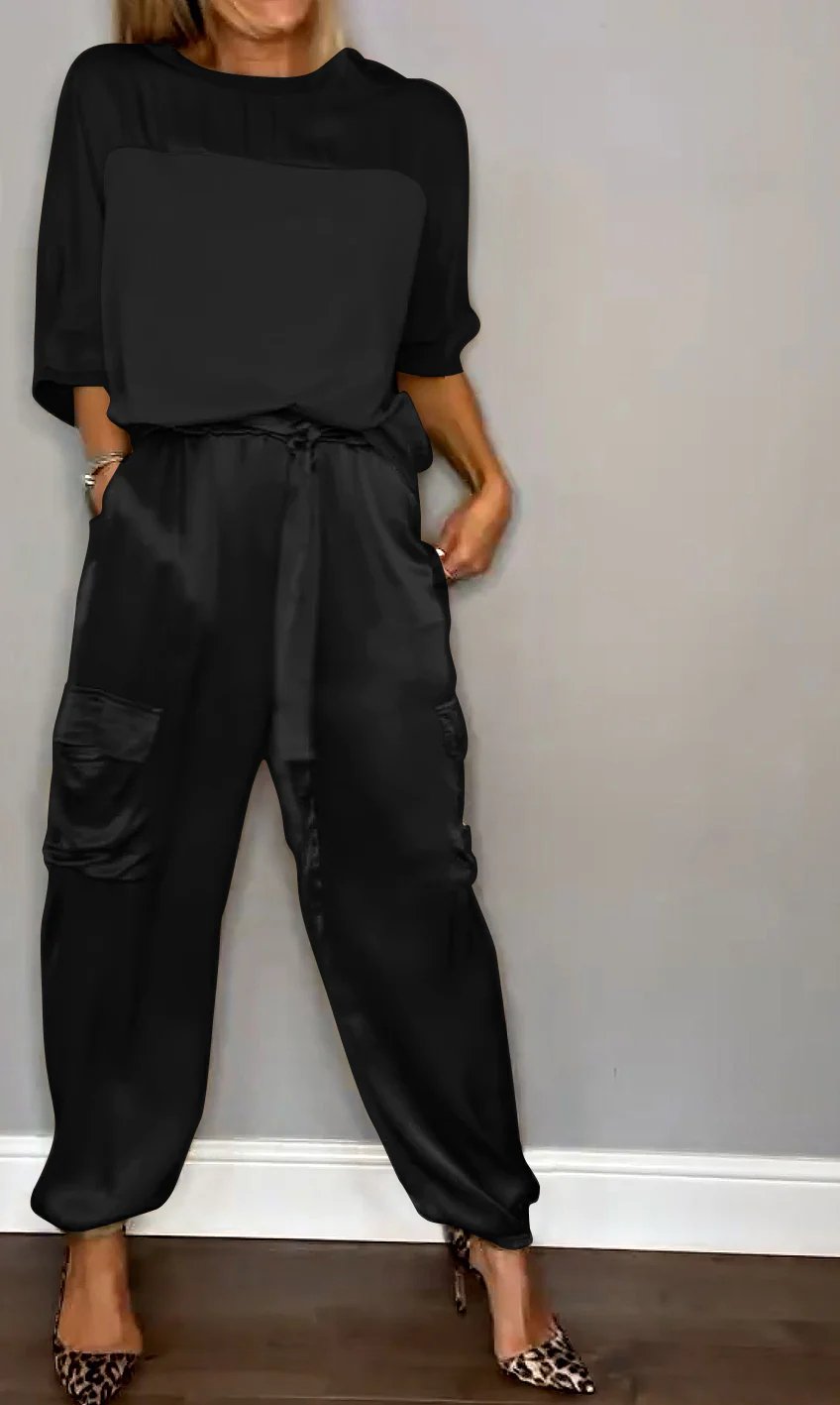 👗Smooth Satin Half-sleeved Top and Pants Set💝