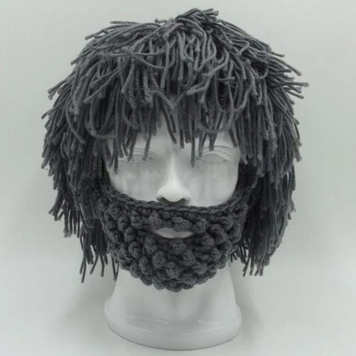 Acrylic Punk Style Beanie with Attached Straight Hair Wig and Knitted Beard