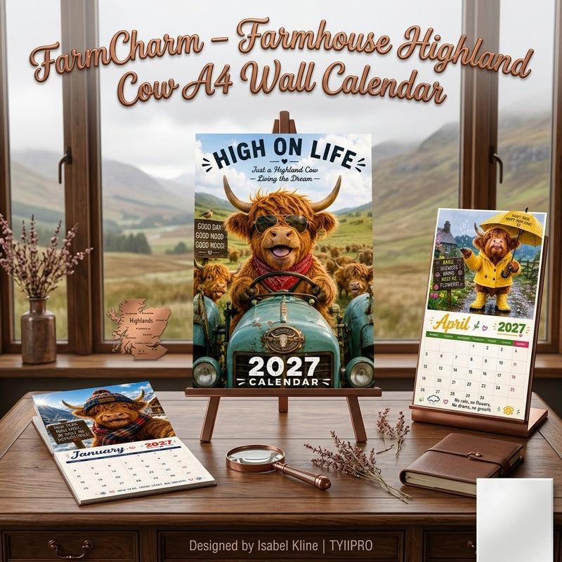 FarmCharm – Farmhouse Highland Cow A4 Wall Calendar