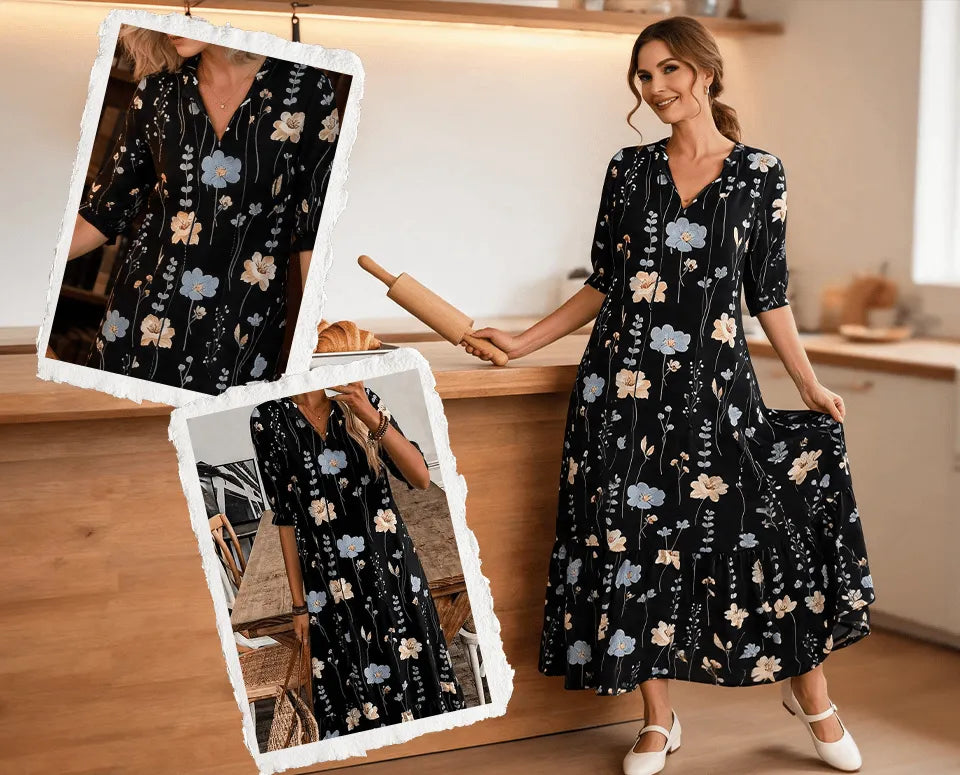 FleurVogue – Women's Printed Lapel Maxi Dress