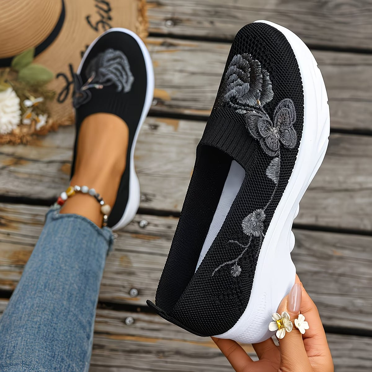 Women's Butterfly Embroidered Loafers - Black