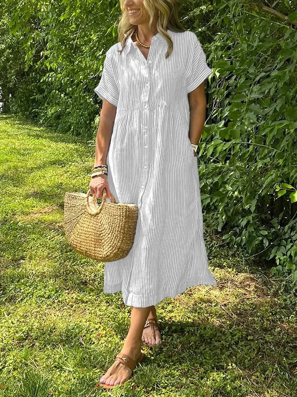 VeloraGrace – Striped Lapel Button-Down Maxi Dress