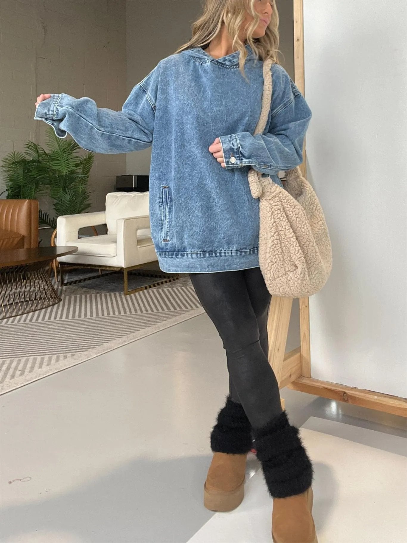 ⏰FALL SALE-DENIM HOODED SWEATSHIRT WITH FRONT POCKETS (BUY 2 FREE SHIPPING)