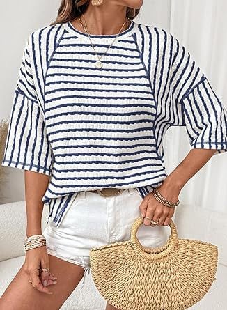 🔥New Arrival 50% OFF🔥Womens Summer Tops Oversized Tshirts for Women Striped Color Block Short Sleeve T Shirts Crewneck Casual Tee Blouses