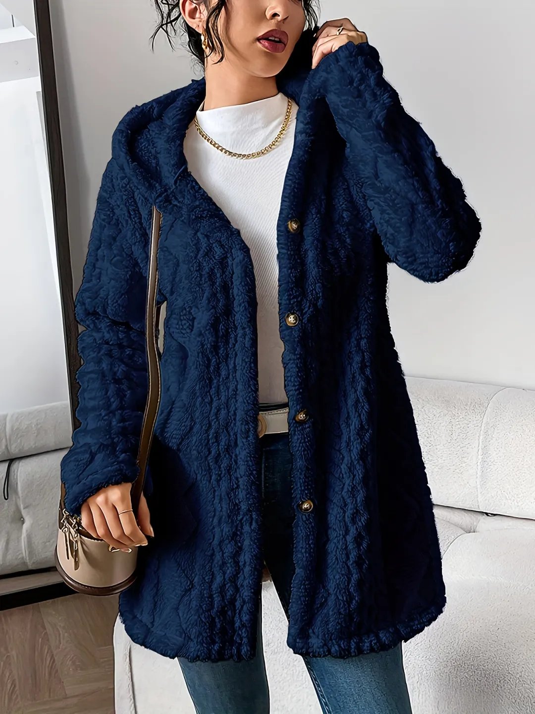 ⏰Hot Sale-Womens Fuzzy Fleece Button Down Jacket Hooded Open Front Cardigan Sweater(BUY 2 FREE SHIPPING)