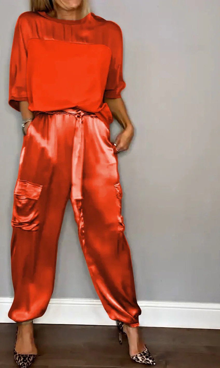 👗Smooth Satin Half-sleeved Top and Pants Set💝
