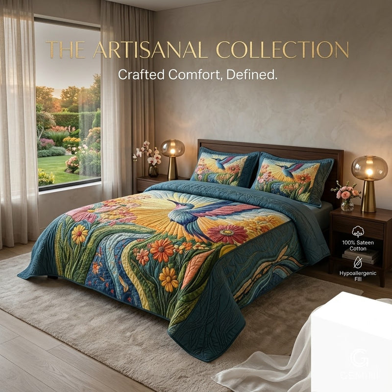SerenityNest – Luxury Floral Hummingbird Quilt Set
