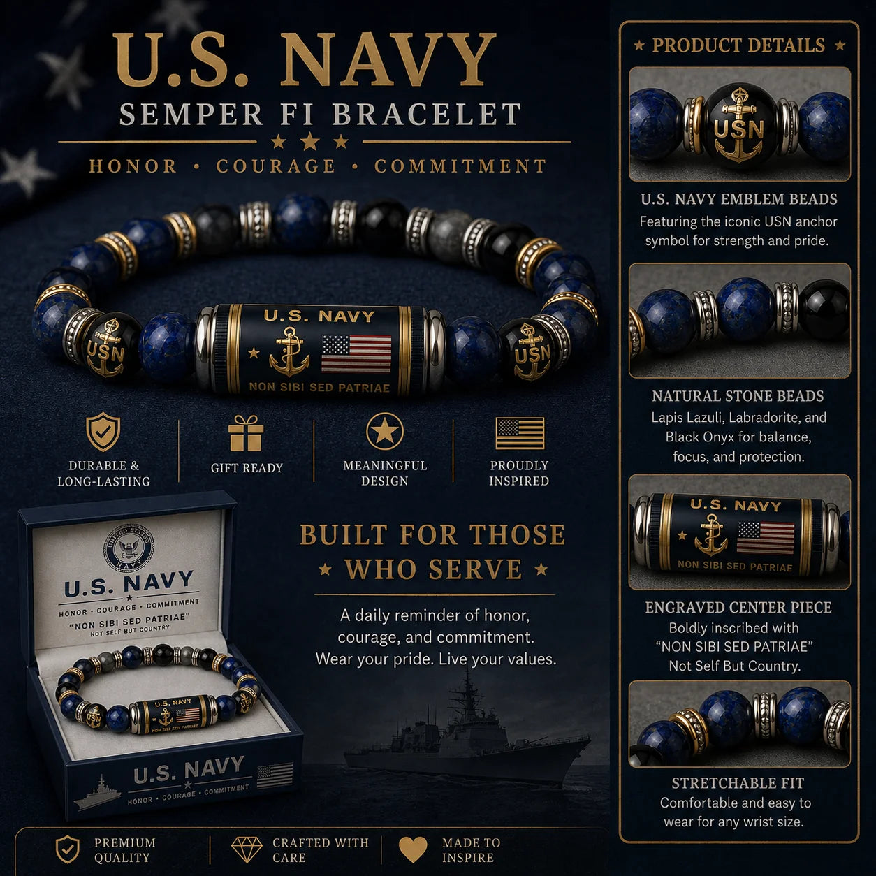 HonorGuard – Premium Navy Tribute Beaded Bracelet
