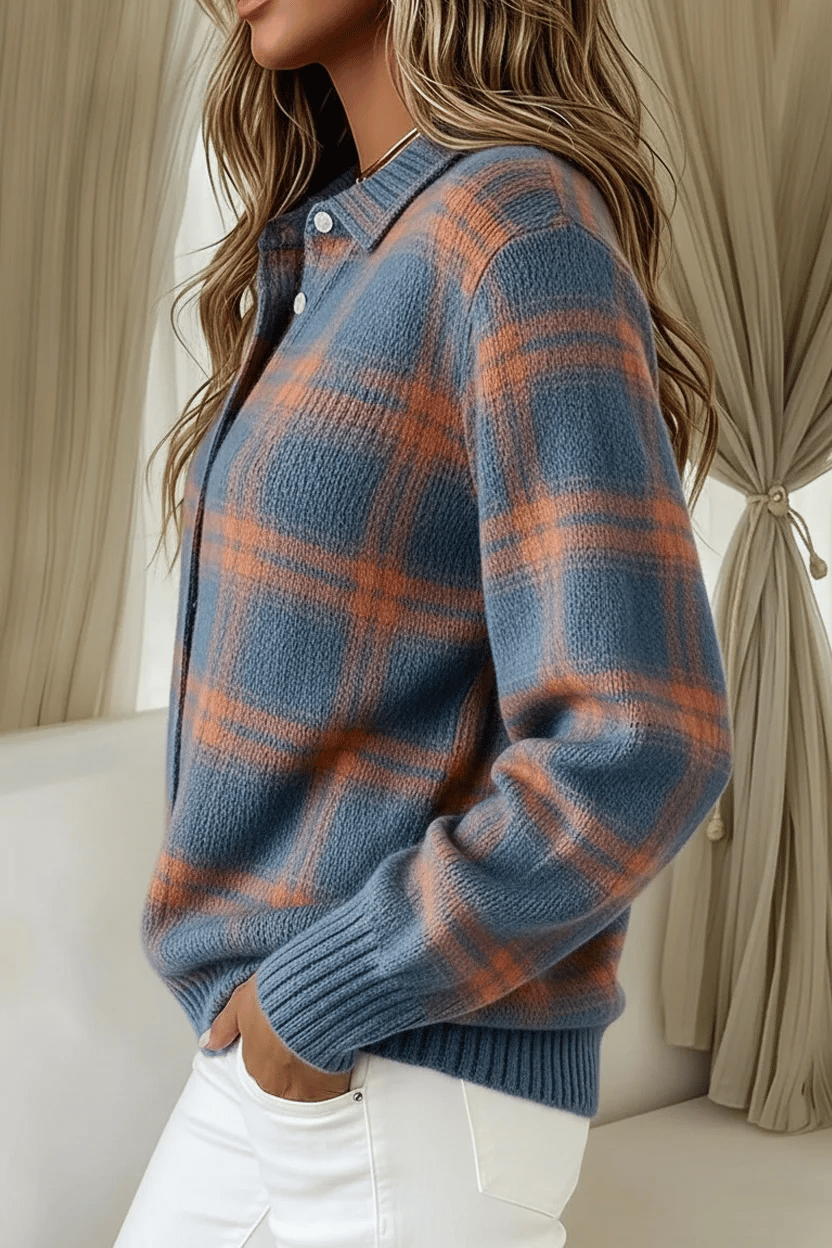 CLEARANCE SALE🔥 Women's Plaid Print Casual Mixed Cotton Buttoned Cardigan Sweater