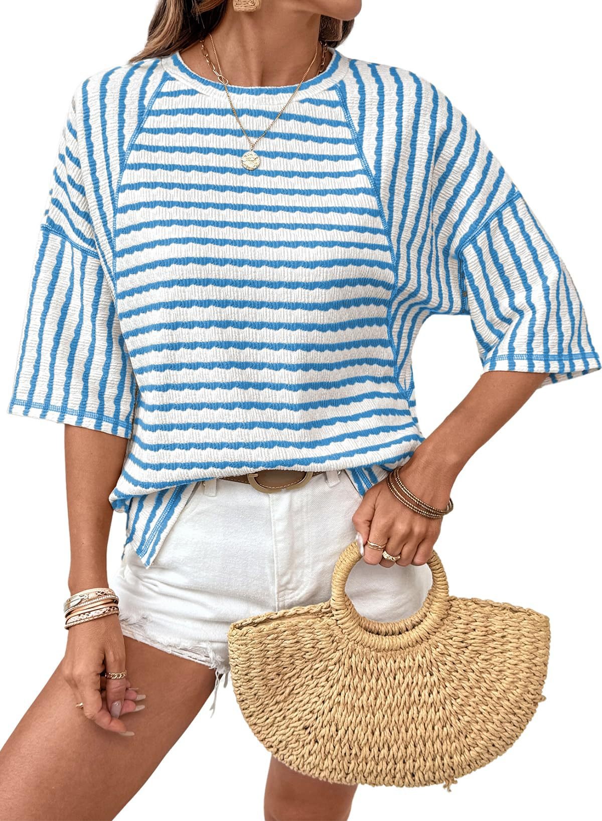 🔥New Arrival 50% OFF🔥Womens Summer Tops Oversized Tshirts for Women Striped Color Block Short Sleeve T Shirts Crewneck Casual Tee Blouses