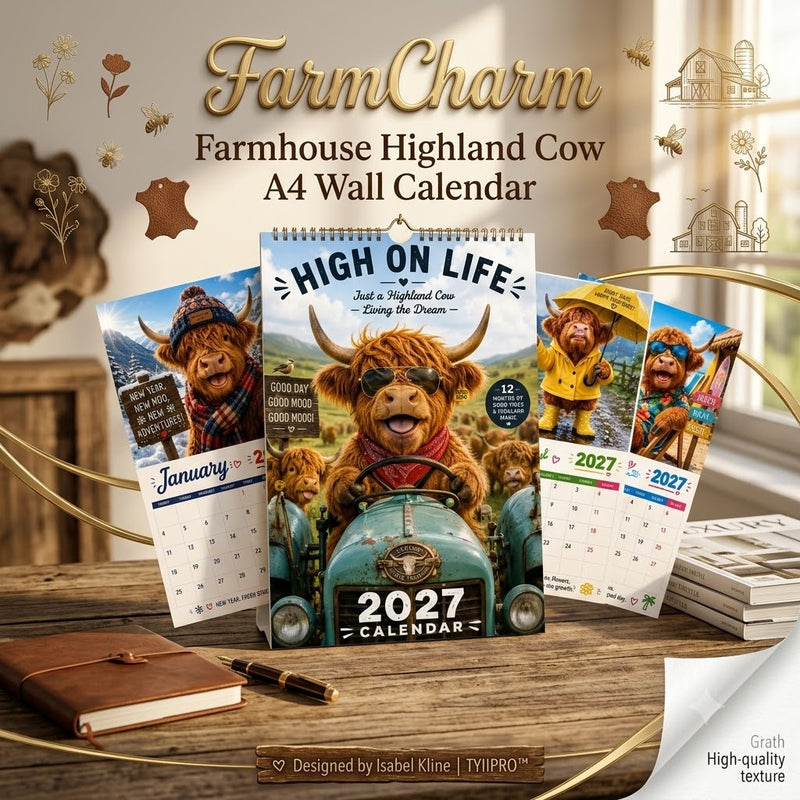 FarmCharm – Farmhouse Highland Cow A4 Wall Calendar