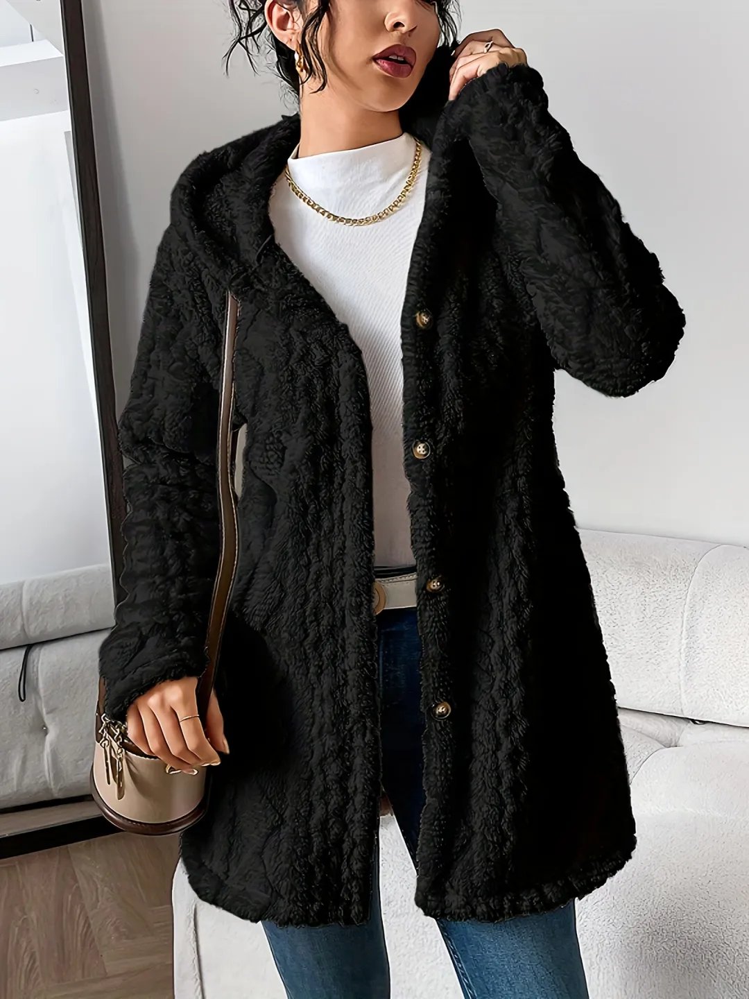 ⏰Hot Sale-Womens Fuzzy Fleece Button Down Jacket Hooded Open Front Cardigan Sweater(BUY 2 FREE SHIPPING)
