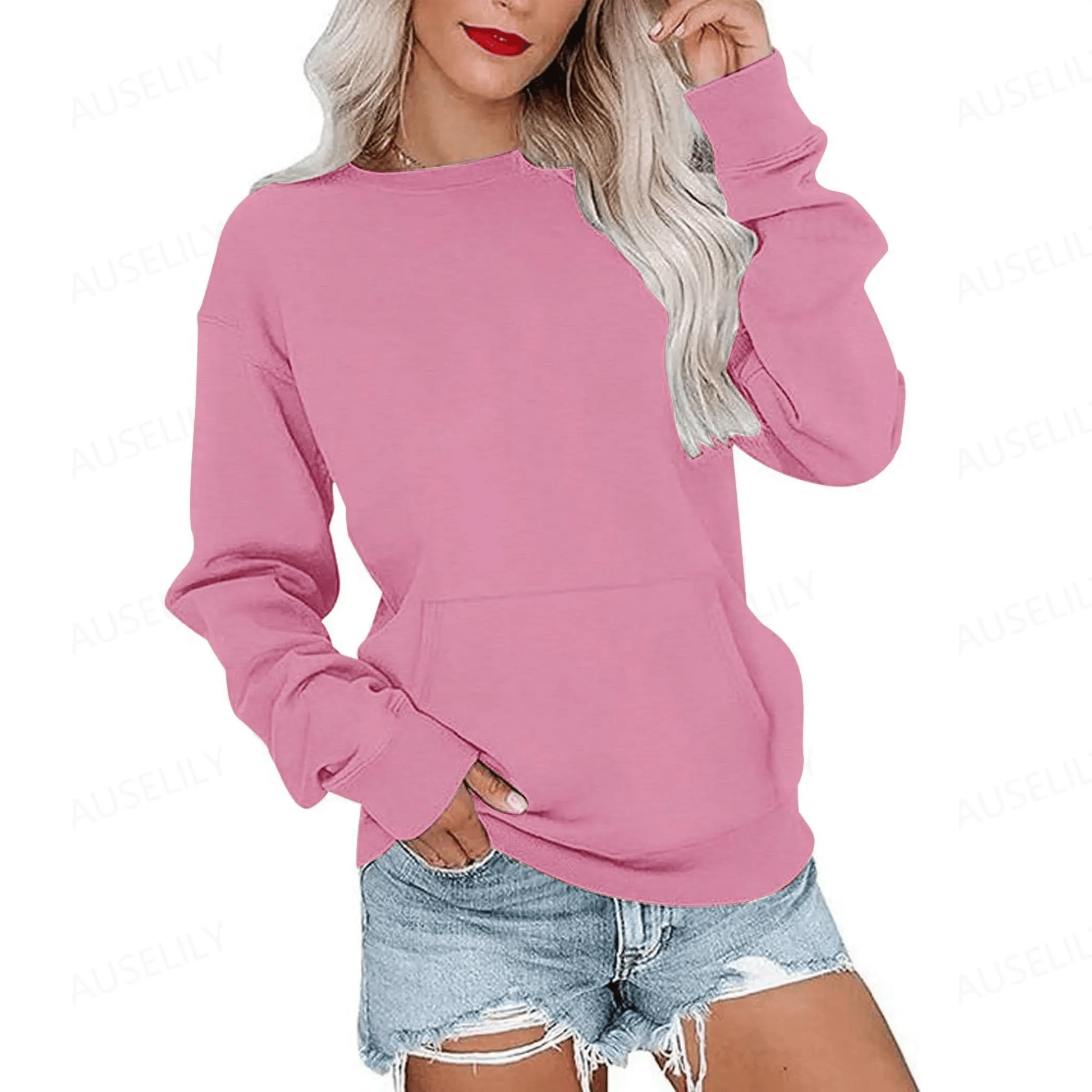 AUSELILY Women's Crewneck Hoodless Sweatshirt With Kangaroo Pocket Fleece Longsleeve Oversized Casual Style Shirt Lightweight Pullover 2026