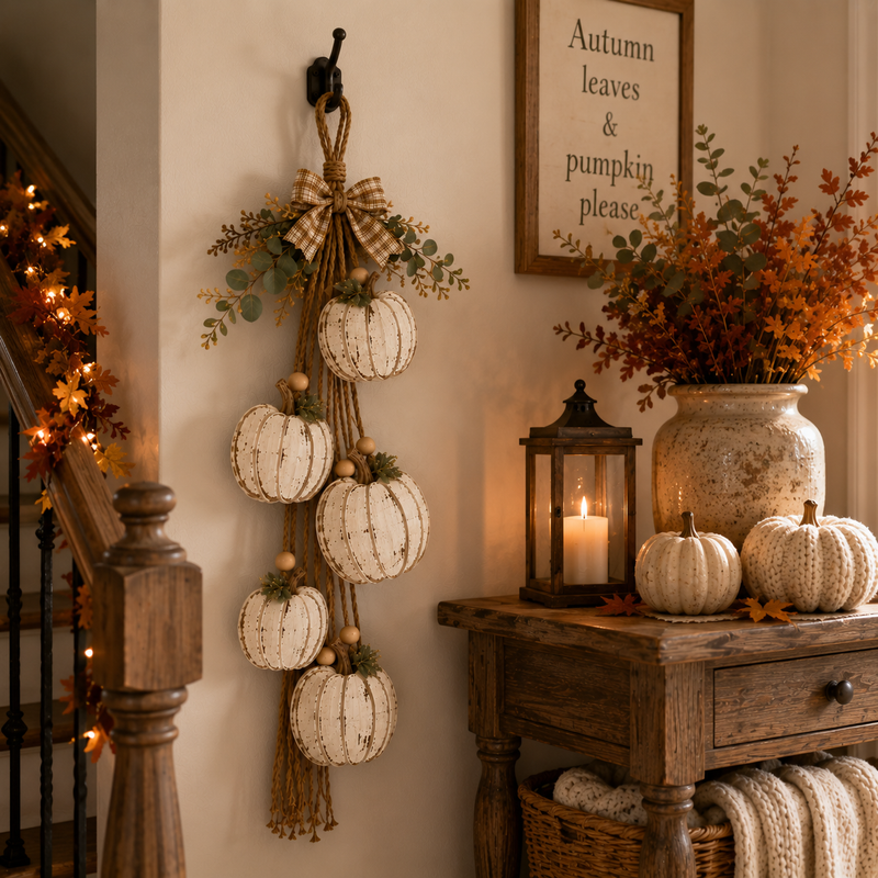 HarvestGlow – Rustic White Pumpkin Hanging Swag