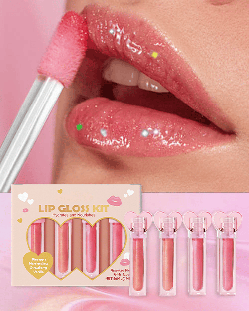 4pc Heart Charm Lip Gloss Stick for Girls - Glossy Fruity Lip Set